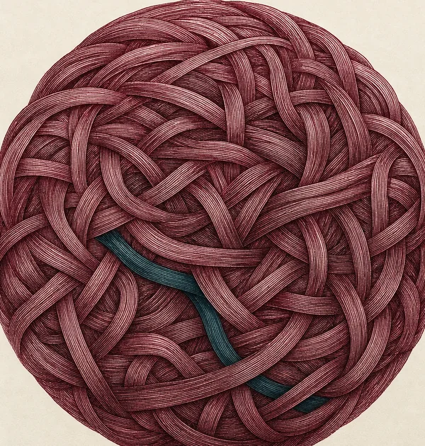 An engraved circle woven from many garnet threads with a single peacock thread running through it, a family rendered as textile.