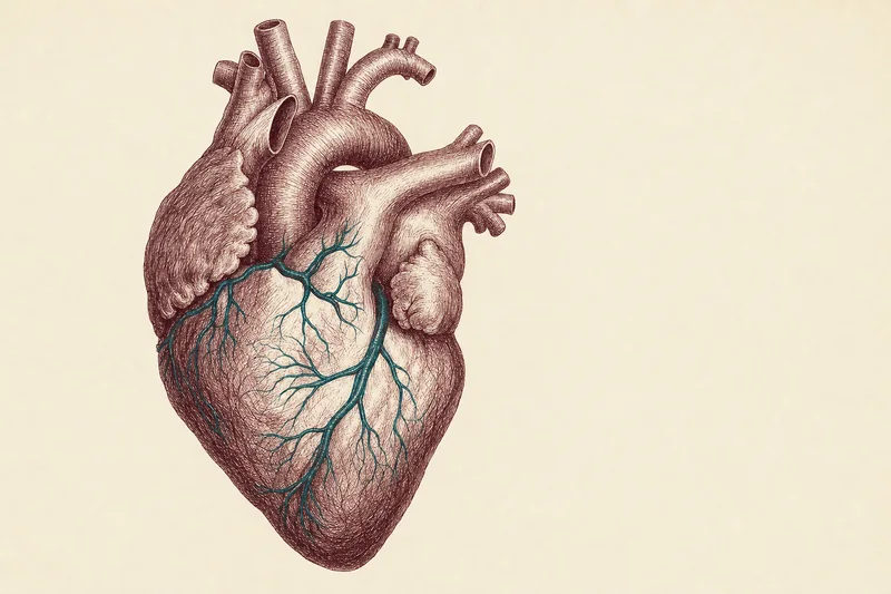 Engraved anatomical study of the human heart in fine garnet linework: chambers, valves, and coronary vessels traced on ivory paper