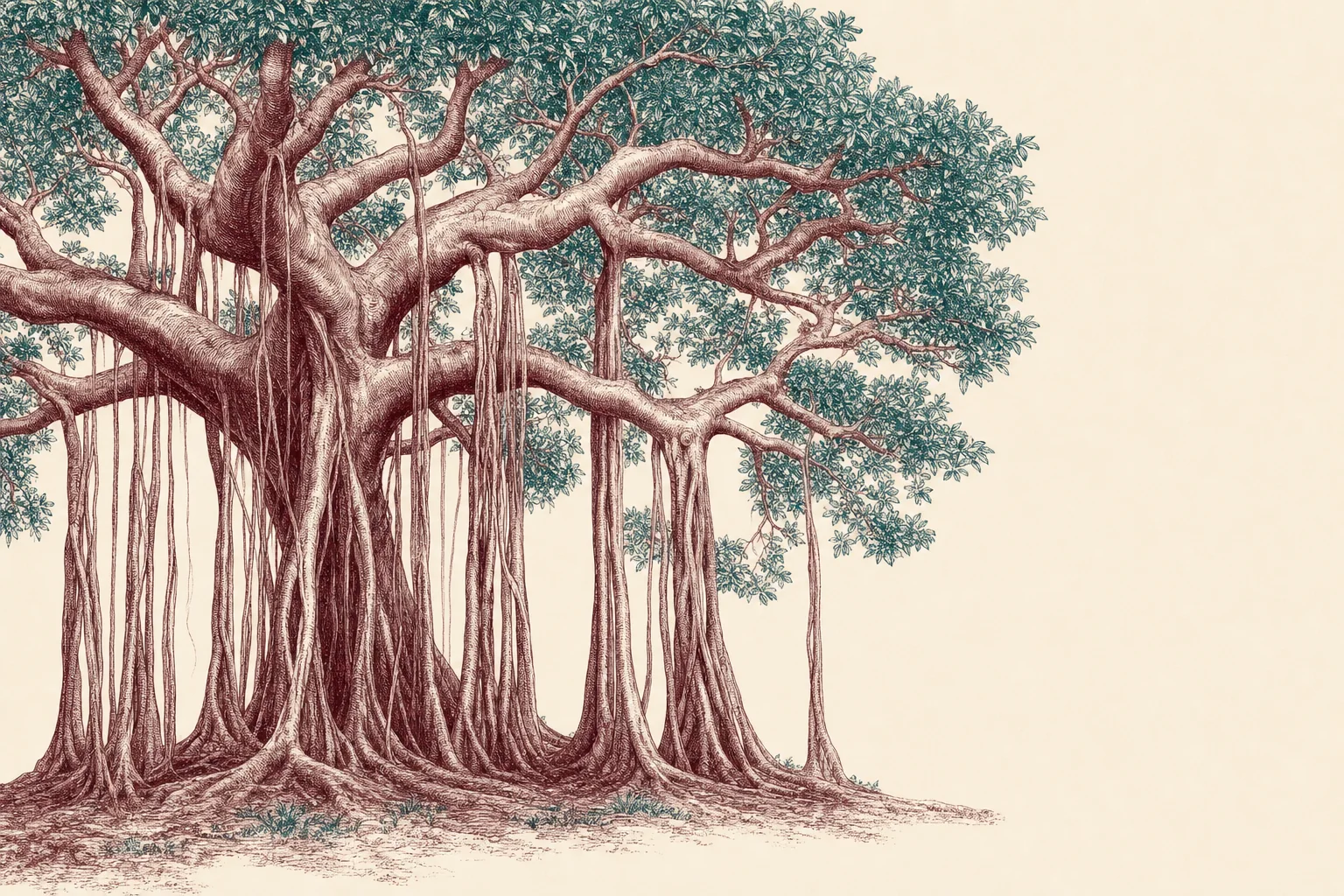 An engraved banyan tree whose aerial roots descend to become new trunks, one tree that is also a grove, in garnet ink with peacock foliage on ivory.