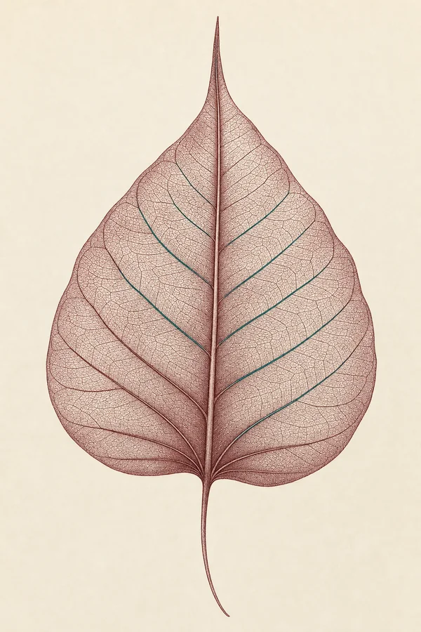 A single peepal leaf engraved life-size in garnet ink on ivory, its fine venation drawn vein by vein, a few veins in peacock green.